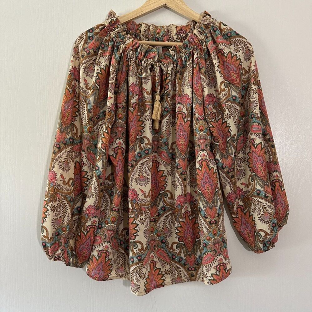 Boemo Anthropologie Boho Paisley Tassel Tie Neck Blouse Boho Peasant Size Medium